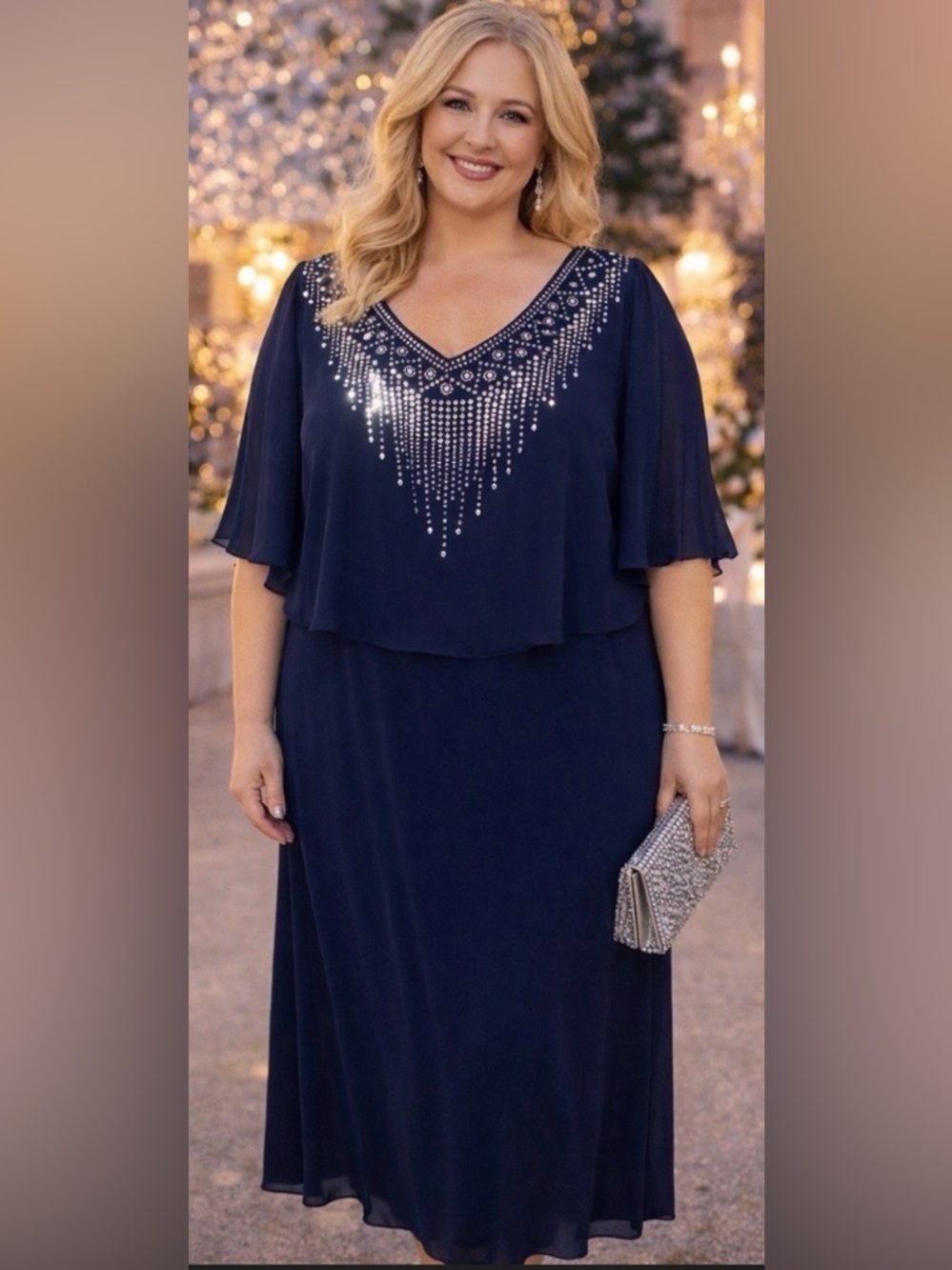 Glamour Nights Navy Sheer Overlay Cape Embellished Navy V-Neck Evening Gown Sz 8